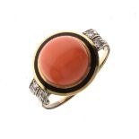 Art Deco coral, diamond and enamel ring, unmarked, the bouton coral approximately 9.3mm diameter,