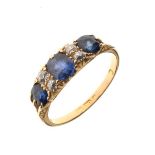 Sapphire and diamond 18ct gold ring, circa 1910, the three graduated oval cut stones with pairs of