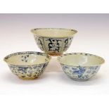 Three early Chinese bowls, probably Ming Dynasty, each having blue painted decoration, 14.5cm,