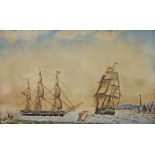 19th Century English School - Watercolour - Coastal seascape with a naval frigate and Man 'o 'war,