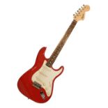 Guitars - Squier Affinity Strat six string guitar, serial number CY01076314 (2001), red body and