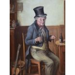 20th Century Continental School - Oil on board - Tavern interior with an elderly man seated at a