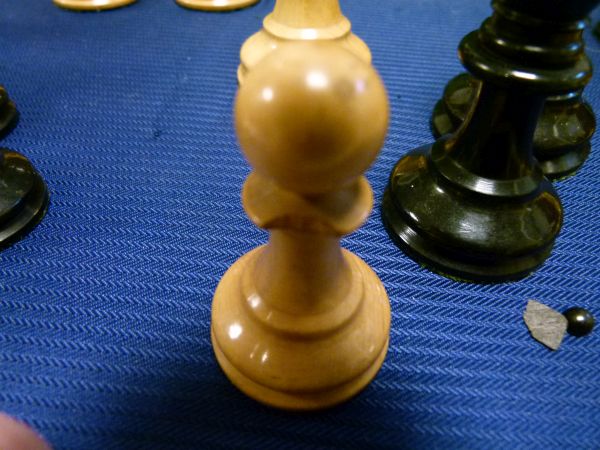 Jaques & Son boxwood and ebony Staunton chess set, the mahogany box with partial printed label to - Image 6 of 9