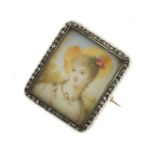 Miniature portrait diamond set brooch, circa 1890, unmarked, the rectangular panel of a young