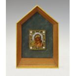 Small Russian enamelled gilt brass icon, central painted decoration depicting Madonna and child, a