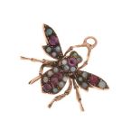 Fly pendant, set with opals and red stones, 2.5cm long, approx 3.3g gross Condition: Stamped '9CT'