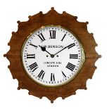 Oak cased twin fusee wall clock, the 14 inch white Roman dial named 'J.W. Benson, Ludgate Hill