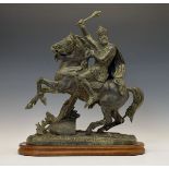 19th Century spelter figure group depicting Edward III on horseback, 59cm high inclusive of oak