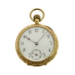 Open faced fob watch, stamped '18k', the enamel dial with black Arabic numerals, hands and