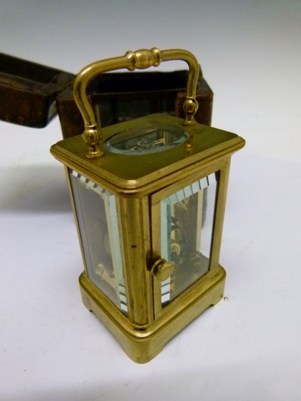 Early 20th Century brass cased 'mignonette' carriage timepiece, having a white Roman dial and single - Image 4 of 9