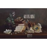 Deborah Jones (1921-2012) - Oil on canvas - Still life with books, flowers and birds nest, signed