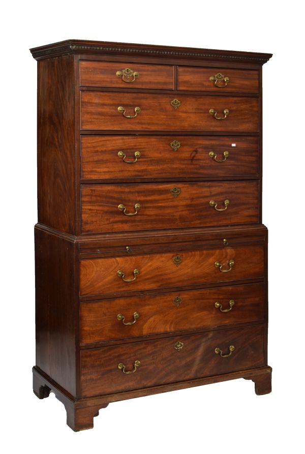 19th Century mahogany chest on chest or tallboy, in the George III style, the moulded dentil cornice