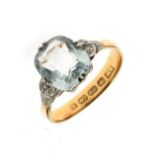 22ct gold aquamarine ring, the rectangular cut measuring approximately 10mm x 7.5mm x 5.6mm deep,