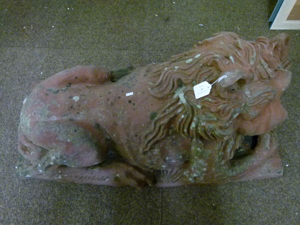 Garden Statuary - Large moulded terracotta model of a recumbent lion on integral rectangular base, - Image 3 of 8