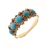 Victorian five stone turquoise ring, unmarked, the graduated cabochons with pairs of red stones