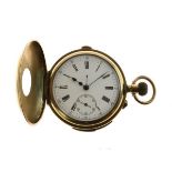 Gold-plated half hunter-cased quarter repeat chronograph pocket watch, the white Roman dial with