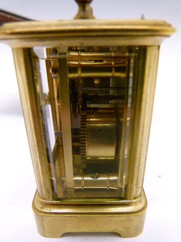 Early 20th Century brass cased 'mignonette' carriage timepiece, having a white Roman dial and single - Image 3 of 9