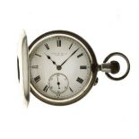 Edward VII silver half hunter-cased pocket watch, Cooke & Kelvey, Calcutta, the white Roman dial