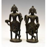 Pair of Indian bronze figures depicting female attendants, probably 18th Century, each standing