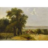 19th Century English School - Oil on panel - View across the Stour, Harvesting, unsigned, 28cm x