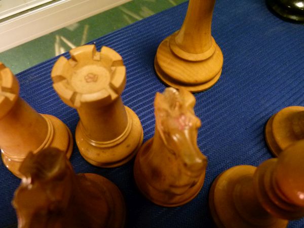 Jaques & Son boxwood and ebony Staunton chess set, the mahogany box with partial printed label to - Image 9 of 9