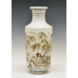 Chinese porcelain Rouleau vase having painted en grisaille decoration depicting a lakeland landscape