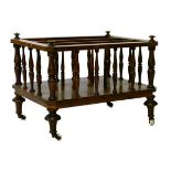 Early Victorian walnut Canterbury of three divisions, the rectangular frame on spindle-turned