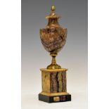 19th Century Blue John pedestal urn, of neo-classical form with brass acorn finial and socle, on