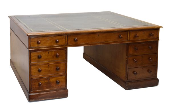 Late Victorian/Edwardian partners mahogany twin pedestal desk, the moulded rectangular top with