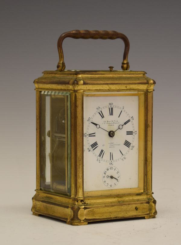 Late 19th Century French brass-cased repeater carriage clock, Le Roy and Fils 1-15 Palais Royal