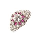 Diamond and calibré ruby bombé ring, unmarked, the central brilliant cut of approximately 0.8