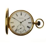 Late Victorian 18ct gold half hunter-cased pocket watch, T.R.Russell, 18 Church Street, Liverpool