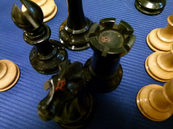 Jaques & Son boxwood and ebony Staunton chess set, the mahogany box with partial printed label to - Image 8 of 9