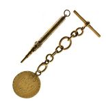 Gold Coins - Short length of 18ct gold chain with attached George III spade guinea 1798 and a Mordan