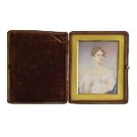 19th Century English School - Watercolour miniature - Portrait of a young lady wearing a white dress