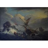 19th Century English School - Oil on canvas - A British Merchant vessel wrecked on the rocks, 24.5cm