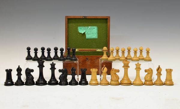 Jaques & Son boxwood and ebony Staunton chess set, the mahogany box with partial printed label to