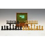 Jaques & Son boxwood and ebony Staunton chess set, the mahogany box with partial printed label to