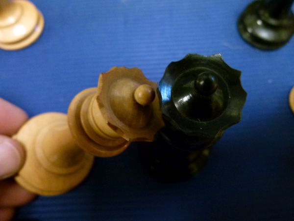 Jaques & Son boxwood and ebony Staunton chess set, the mahogany box with partial printed label to - Image 3 of 9