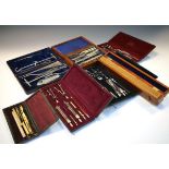 Selection of vintage drawing instruments to include 19th Century mahogany-cased boxwood rule stamped