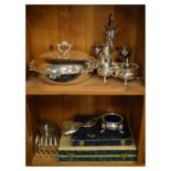 Assorted plated wares to include; egg cruet, toast rack, dish and cover, cruet set, cased flatware