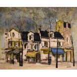 Damin - Oil on canvas - Row of French houses having canopies, signed, 49cm x 59cm in hessian