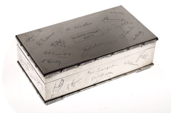 Elizabeth II silver rectangular box having presentation inscription and engraved signatures,