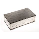 Elizabeth II silver rectangular box having presentation inscription and engraved signatures,