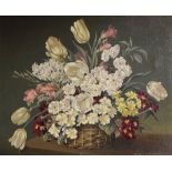 Frank Shipsides - Oil on canvas - Still-life with a basket of flowers, signed, 38.5cm x 49cm, framed