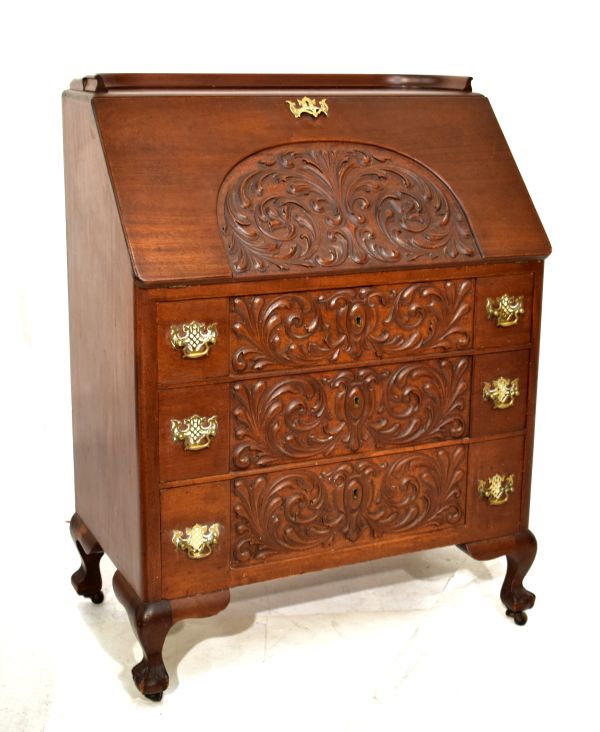 Early 20th Century carved mahogany bureau with stipple-carved foliate scroll work slope and