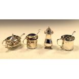 Three various silver mustard pots together with a pepperette, combined weight 8.9toz approx
