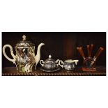 Silver lustre three piece tea set, together with a set of six tea knives on stand Condition: