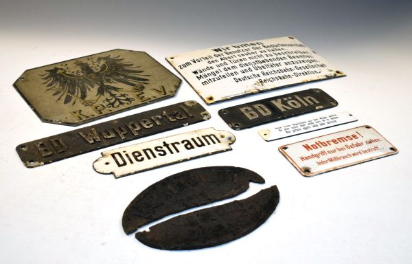 Group of German enamel signs concerning railways etc to include; plaque painted with eagle over