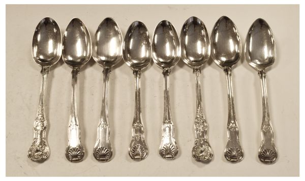 Three pairs of Georgian silver Hour Glass tablespoons, together with a pair of Victorian silver